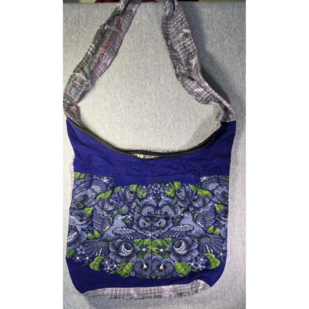 Guatemala Handwoven Cotton Crossbody Bag Blue Floral Embroidered Boho Hobo